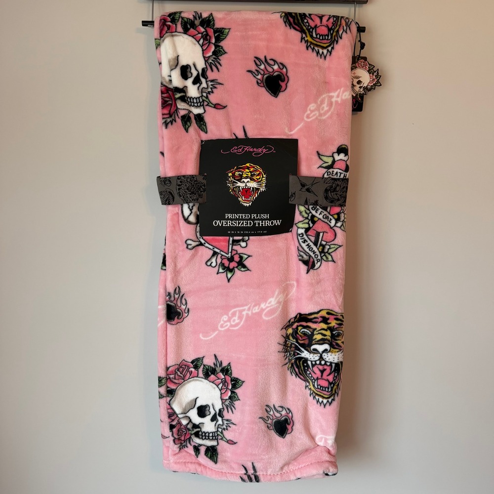 New Ed Hardy Pink White Skull Throw Blanket 60x70 Gothic Y2K Soft Tiger Roses
